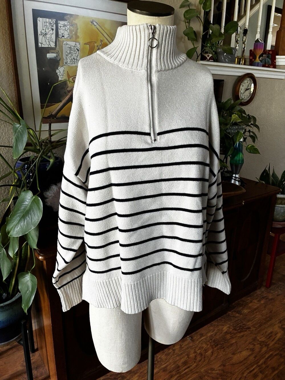 Zara Polo Sweater Womens Large White Oversized Striped Ribbed Knit Warm Cozy